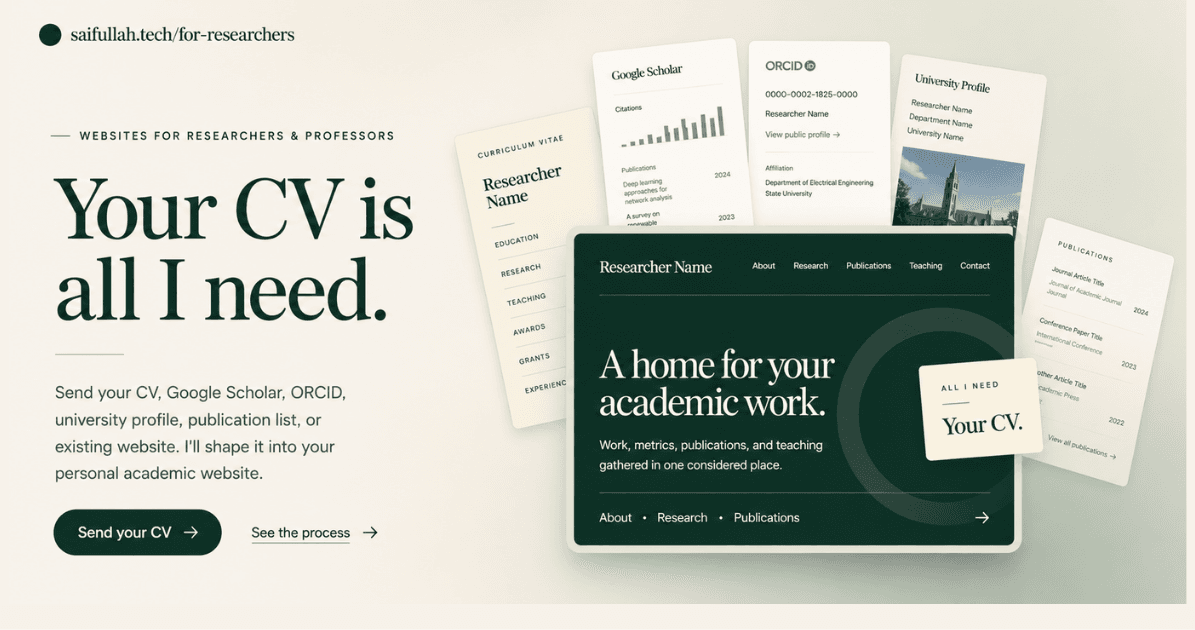 A preview of a website created for researchers and professors